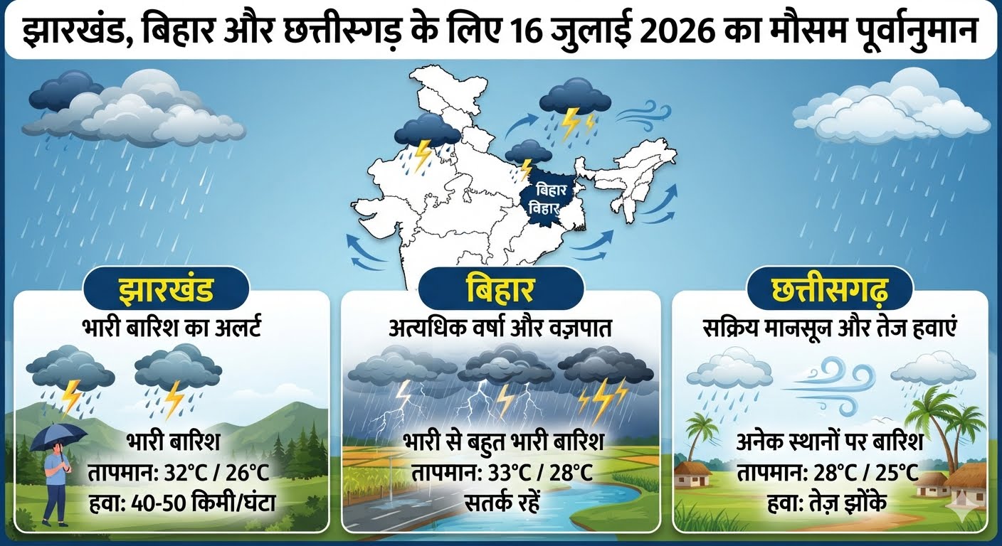 मानसून के सक्रिय होने से झारखंड, बिहार और छत्तीसगढ़ में भारी बारिश और तेज हवाओं का अलर्ट जारी।