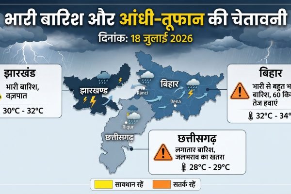 मानसूनी बादलों के बीच भारी बारिश और आकाशीय बिजली चमकने का दृश्य।