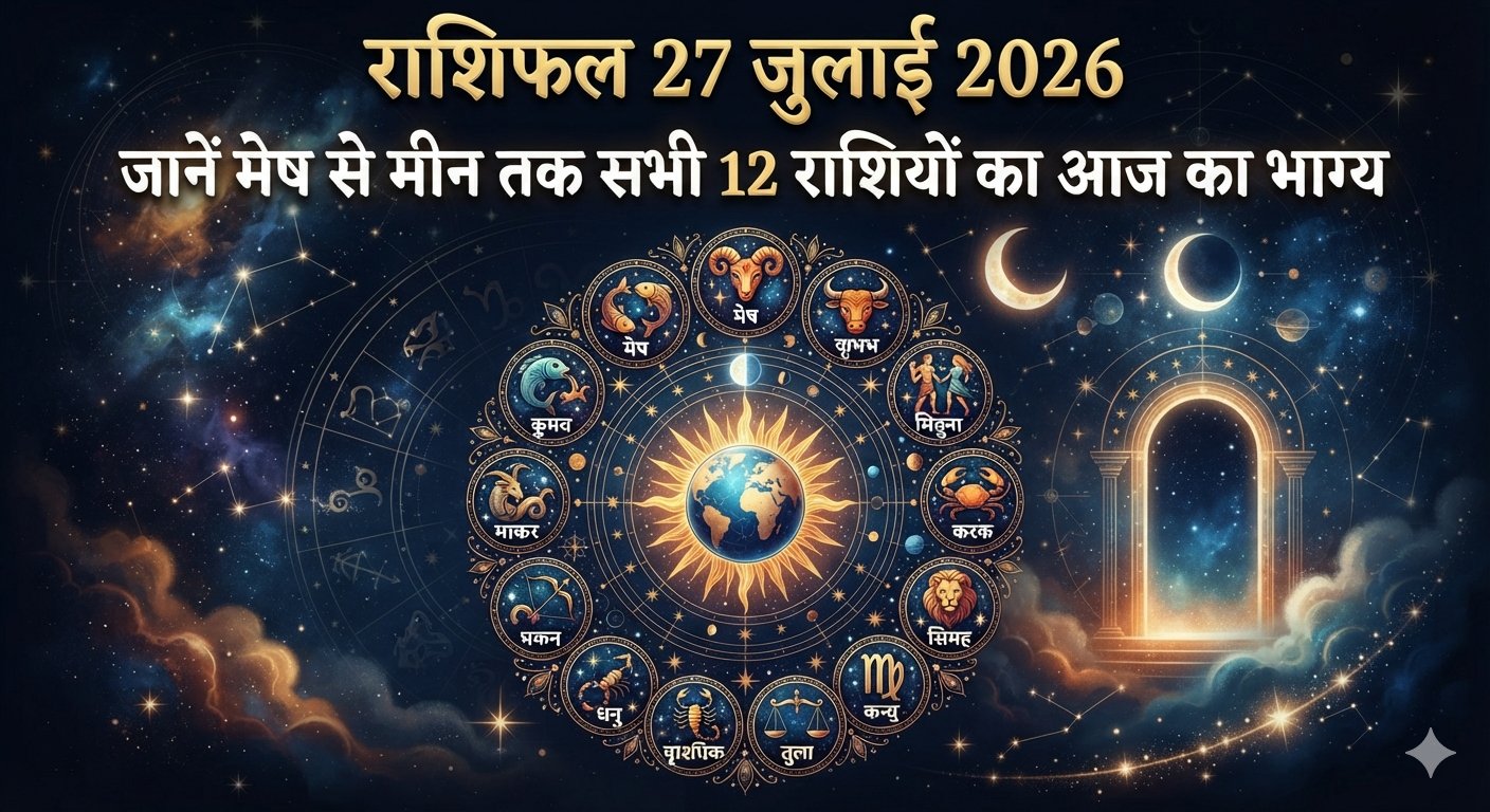 27 जुलाई 2026 के दैनिक राशिफल के अनुसार सभी 12 ज्योतिषीय राशियों का चक्र।