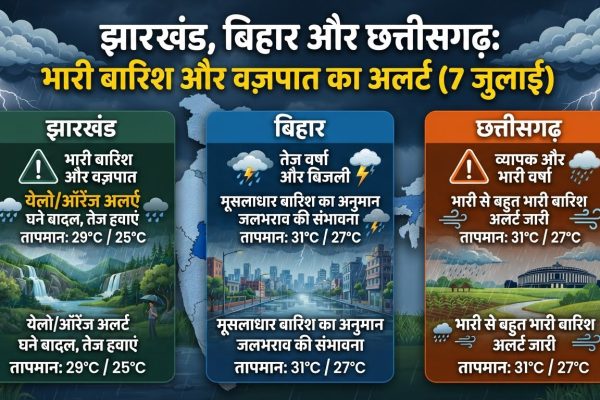 भारी मानसूनी बारिश और बादलों की गड़गड़ाहट के बीच सड़क पर चलते वाहन और सुरक्षा अलर्ट का प्रतीकात्मक दृश्य।