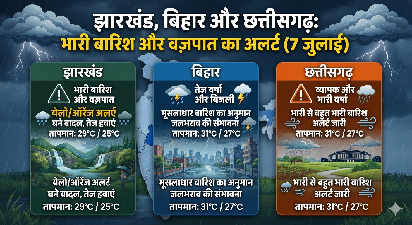 भारी मानसूनी बारिश और बादलों की गड़गड़ाहट के बीच सड़क पर चलते वाहन और सुरक्षा अलर्ट का प्रतीकात्मक दृश्य।