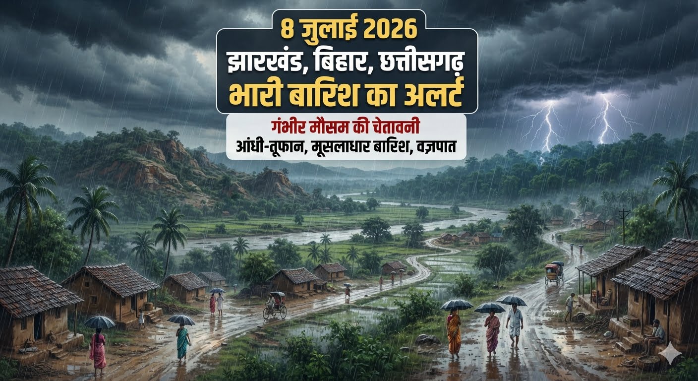 झारखंड, बिहार और छत्तीसगढ़ में सक्रिय मानसून और कम दबाव के कारण भारी बारिश का मौसम अलर्ट।