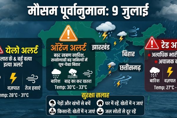 सक्रिय मानसून और कम दबाव के क्षेत्र के कारण घने बादलों के बीच होती मूसलाधार बारिश और आकाशीय बिजली की तस्वीर।