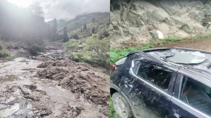 हिमाचल प्रदेश में भारी बारिश और भूस्खलन के कारण चंबा मार्ग पर बंद यातायात का दृश्य।