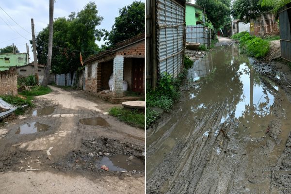 सहरसा के रामफल साह टोला में जलजमाव और कीचड़ से प्रभावित सड़क का दृश्य