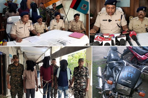 टंडवा में राहुल दुबे गैंग के तीन आरोपियों को हथियारों के साथ गिरफ्तार करती चतरा पुलिस।