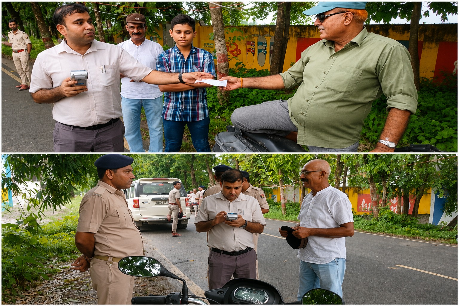 सहरसा-बनगांव मार्ग पर वाहन जांच अभियान के दौरान दस्तावेजों की जांच करती परिवहन विभाग की टीम।