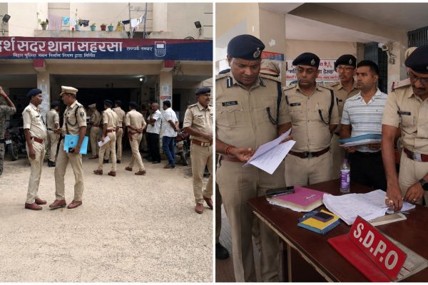 सहरसा सदर थाना के औचक निरीक्षण के दौरान पुलिस अधिकारियों के साथ डीआईजी डॉ. कुमार आशीष