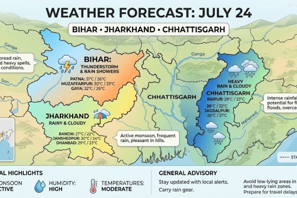 झारखंड, बिहार और छत्तीसगढ़ में 24 जुलाई को भारी बारिश और बिजली गिरने का अलर्ट