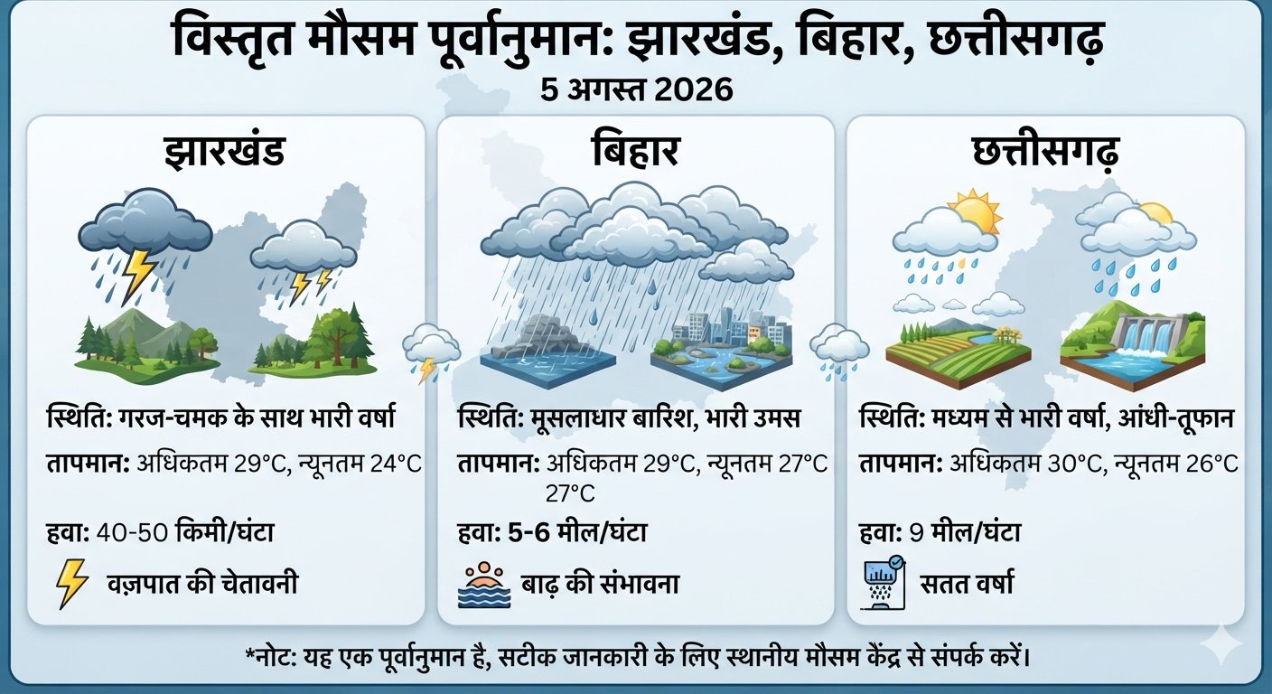 5 अगस्त 2026 को झारखंड बिहार छत्तीसगढ़ में भारी बारिश और वज्रपात चेतावनी का मौसम पूर्वानुमान मानचित्र