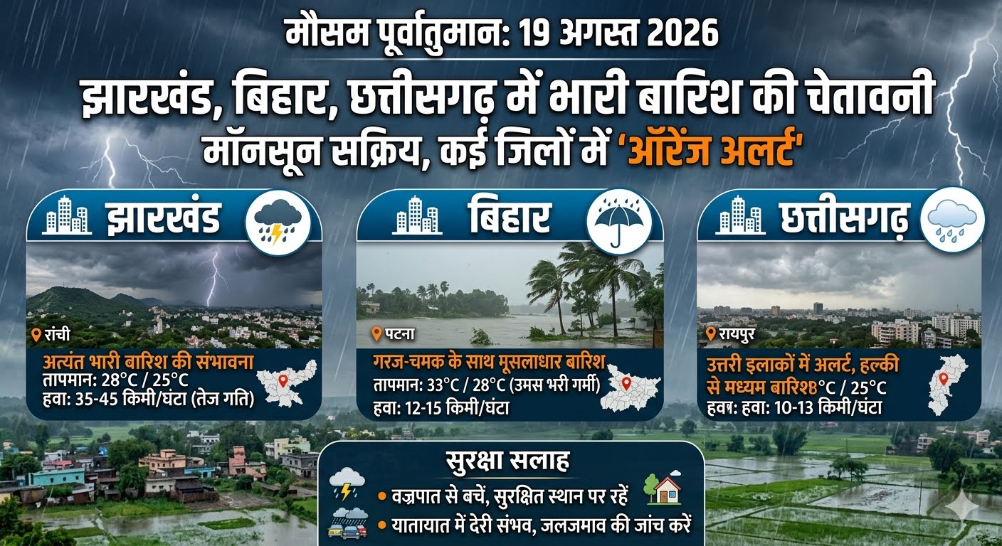 19 अगस्त 2026 को झारखंड बिहार और छत्तीसगढ़ में भारी बारिश का अलर्ट और मौसम पूर्वानुमान
