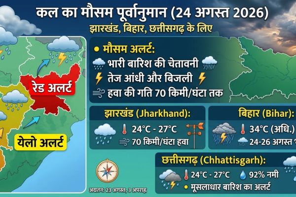 झारखंड मौसम अलर्ट के तहत 24 अगस्त को भारी बारिश और आंधी-तूफान की चेतावनी का दृश्य।