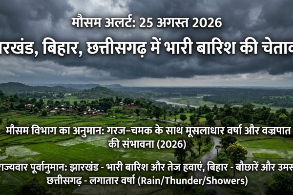 मौसम विभाग द्वारा झारखंड, बिहार और छत्तीसगढ़ के लिए जारी बारिश और वज्रपात का मौसम अलर्ट।