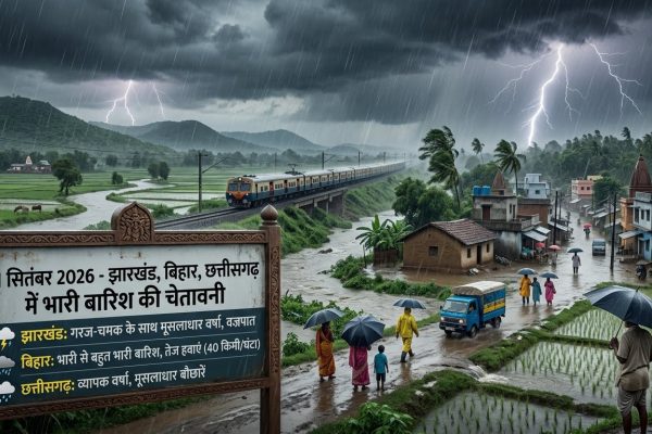 1 सितंबर 2026 को झारखंड, बिहार और छत्तीसगढ़ में भारी बारिश के अलर्ट से जुड़ा सांकेतिक चित्र।