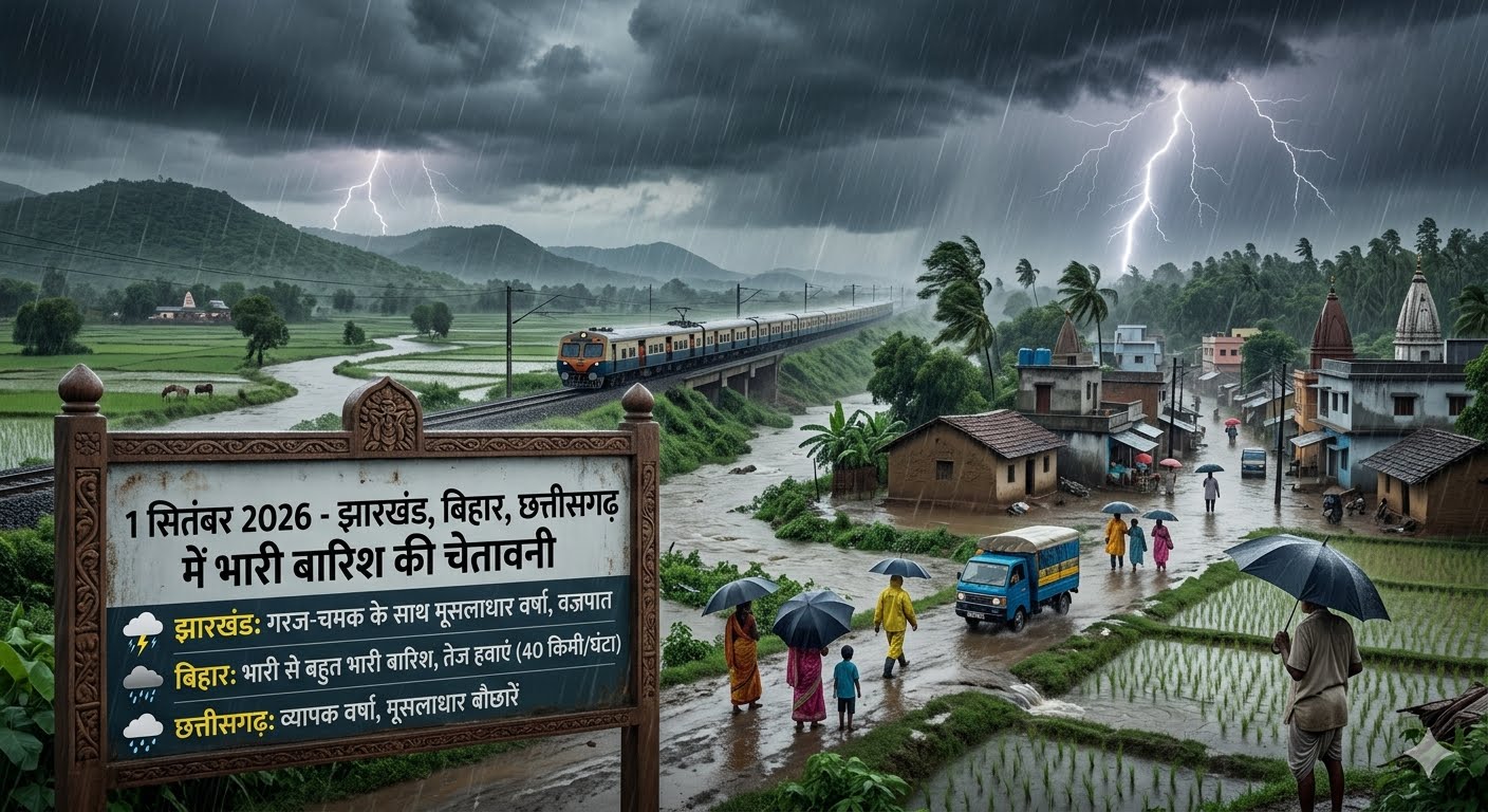 1 सितंबर 2026 को झारखंड, बिहार और छत्तीसगढ़ में भारी बारिश के अलर्ट से जुड़ा सांकेतिक चित्र।
