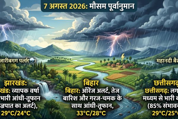 7 अगस्त को झारखंड बिहार और छत्तीसगढ़ में मानसूनी बारिश और बिजली चमकने का IMD अलर्ट