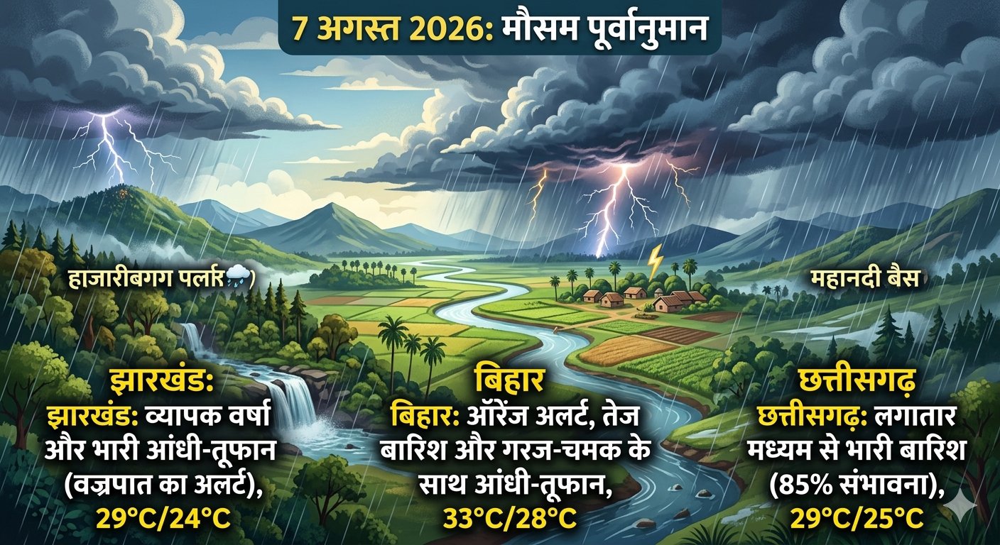 7 अगस्त को झारखंड बिहार और छत्तीसगढ़ में मानसूनी बारिश और बिजली चमकने का IMD अलर्ट