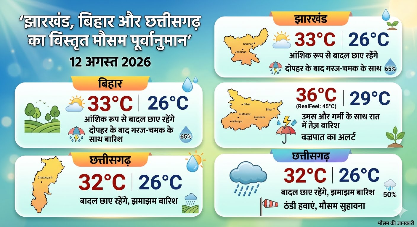 मौसम विभाग द्वारा झारखंड बिहार और छत्तीसगढ़ में 12 अगस्त को बारिश और वज्रपात का अलर्ट।