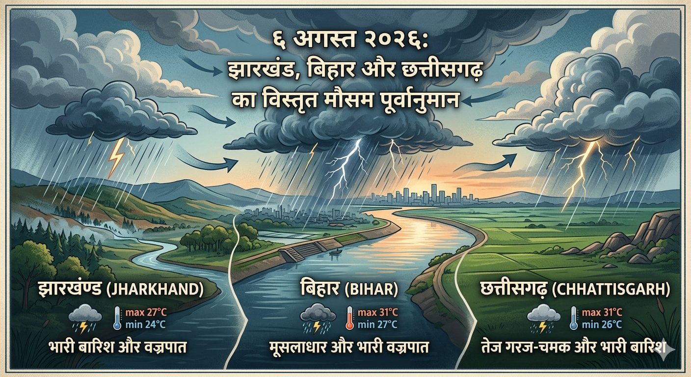 झारखंड बिहार और छत्तीसगढ़ में भारी बारिश और वज्रपात को लेकर आईएमडी द्वारा जारी मौसम अलर्ट।