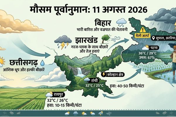 11 अगस्त 2026 को बिहार झारखंड और छत्तीसगढ़ में मानसून बारिश और मौसम विभाग का अलर्ट