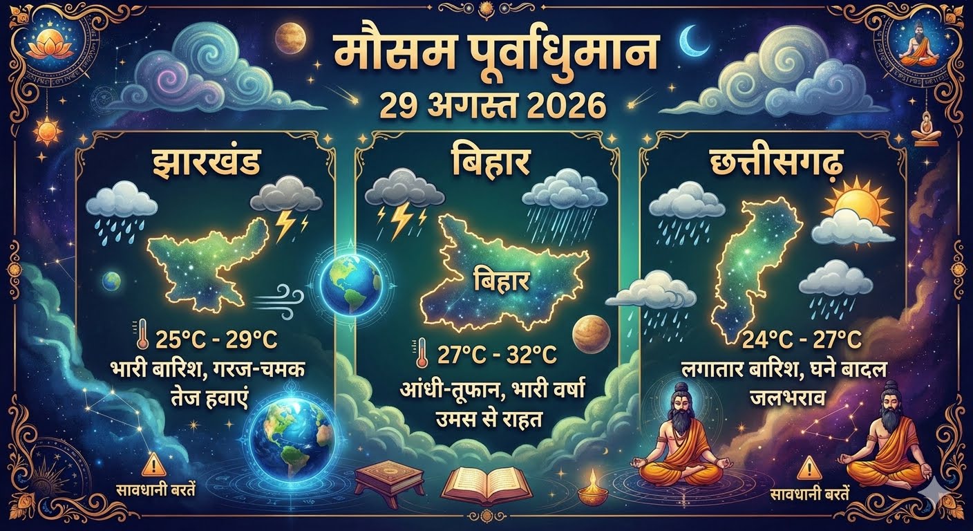 29 अगस्त 2026 को झारखंड, बिहार और छत्तीसगढ़ में IMD द्वारा जारी भारी बारिश और वज्रपात का अलर्ट।