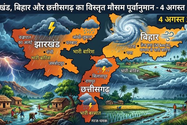 4 अगस्त 2026 को झारखंड, बिहार और छत्तीसगढ़ में भारी बारिश के अलर्ट का मौसम मानचित्र