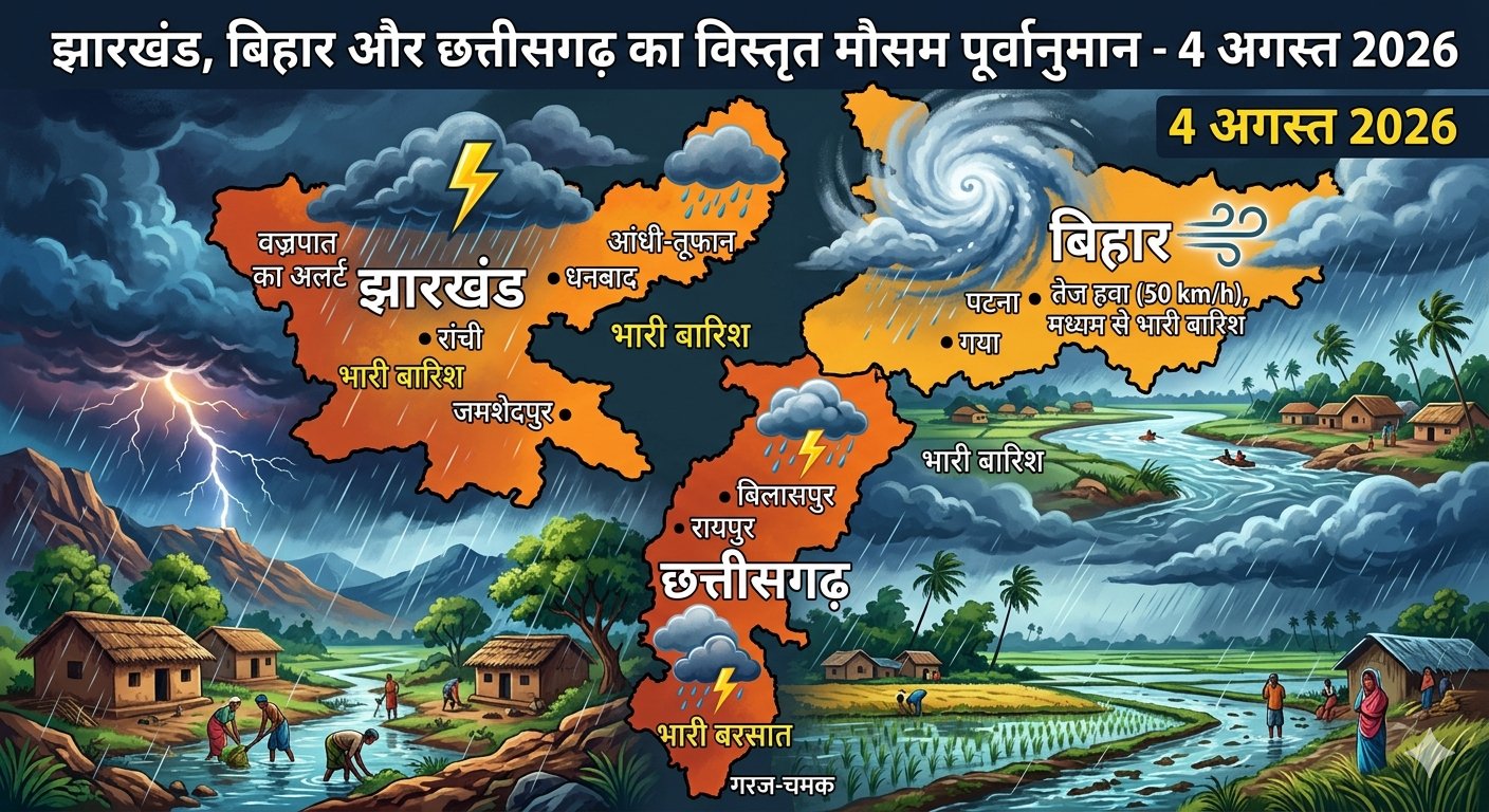 4 अगस्त 2026 को झारखंड, बिहार और छत्तीसगढ़ में भारी बारिश के अलर्ट का मौसम मानचित्र