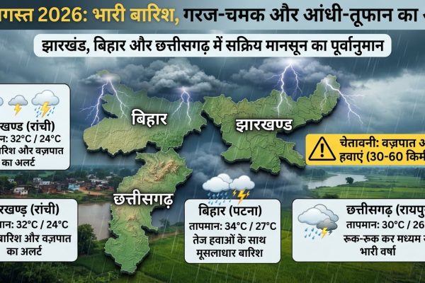 झारखंड बिहार और छत्तीसगढ़ में मानसून सक्रिय रहने पर बारिश और वज्रपात का येलो अलर्ट जारी।