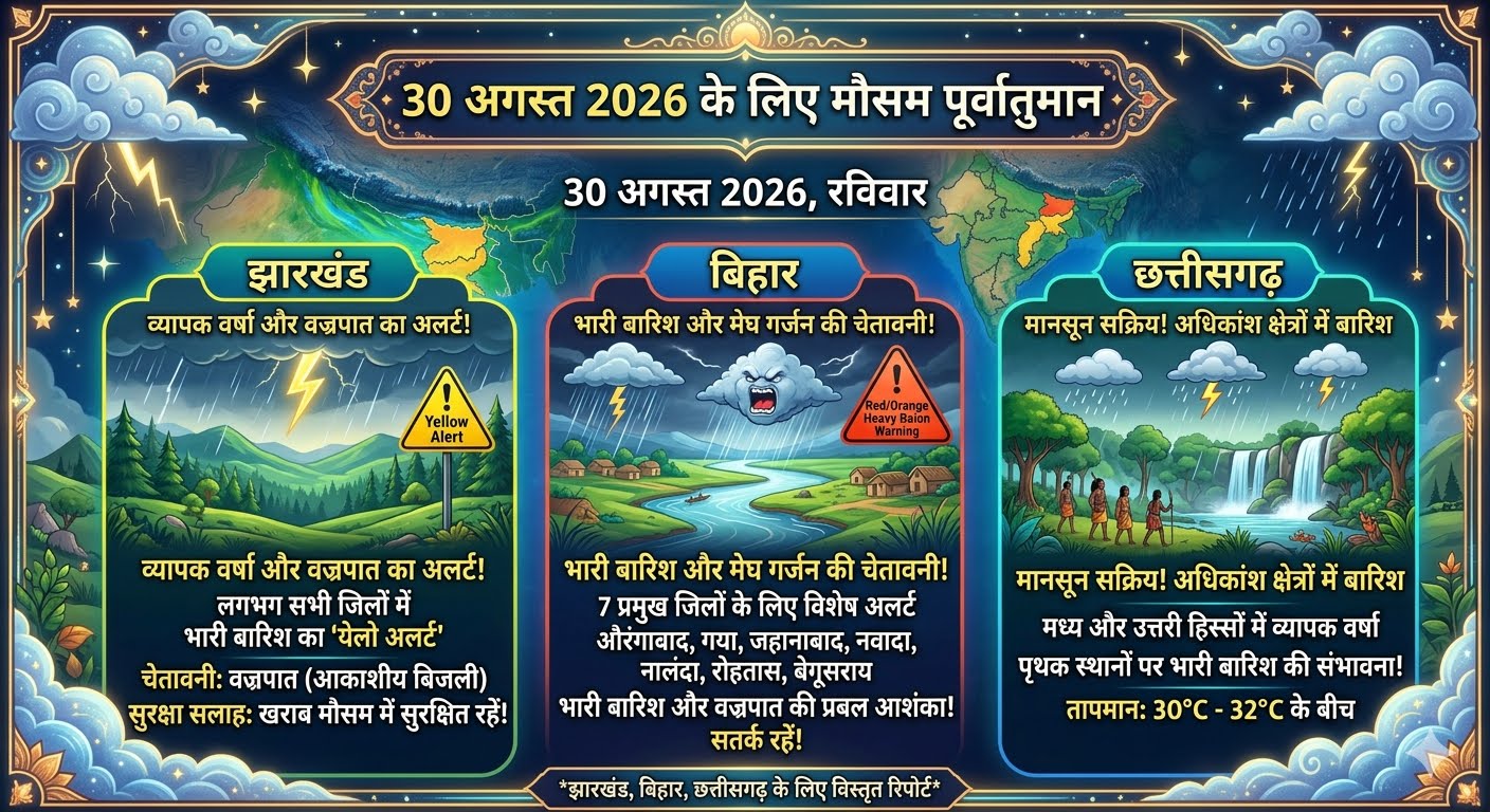 झारखंड बिहार और छत्तीसगढ़ में 30 अगस्त को मानसूनी बारिश और मौसम विभाग का अलर्ट