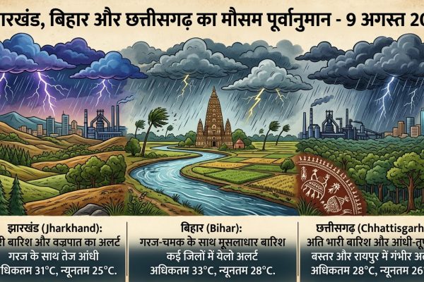 झारखंड बिहार और छत्तीसगढ़ में 9 अगस्त को भारी बारिश और मॉनसून अलर्ट का दृश्य