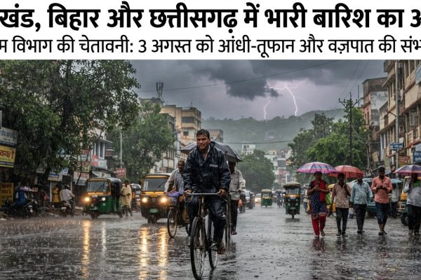 3 अगस्त को झारखंड बिहार और छत्तीसगढ़ में भारी बारिश और आंधी का अलर्ट जारी करता मौसम विभाग नक्शा