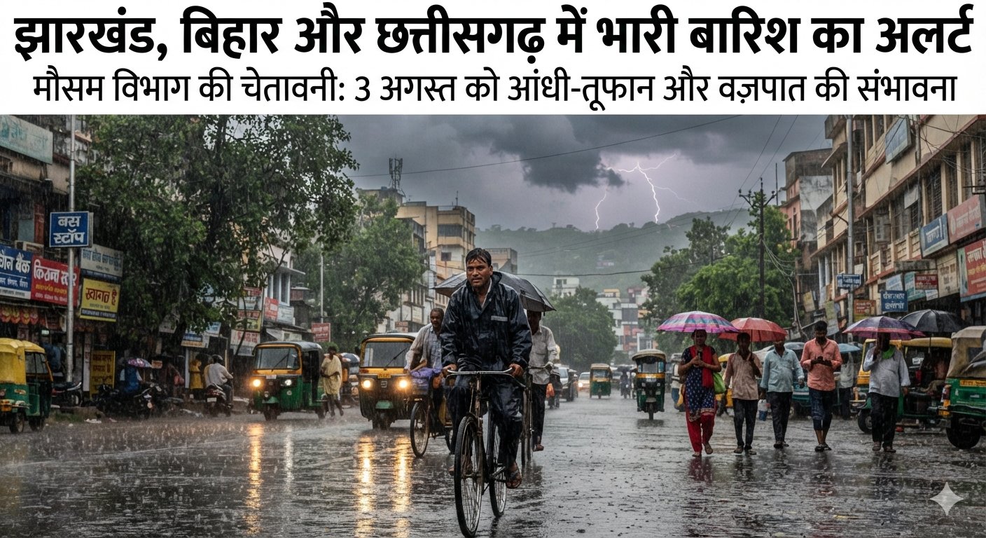 3 अगस्त को झारखंड बिहार और छत्तीसगढ़ में भारी बारिश और आंधी का अलर्ट जारी करता मौसम विभाग नक्शा
