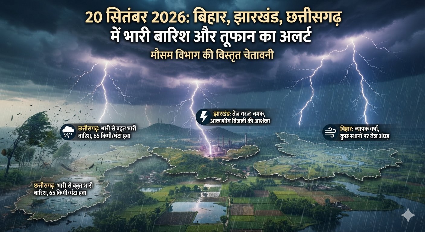 बिहार, झारखंड और छत्तीसगढ़ में 20 सितंबर को मानसूनी बारिश और आंधी का अलर्ट जारी