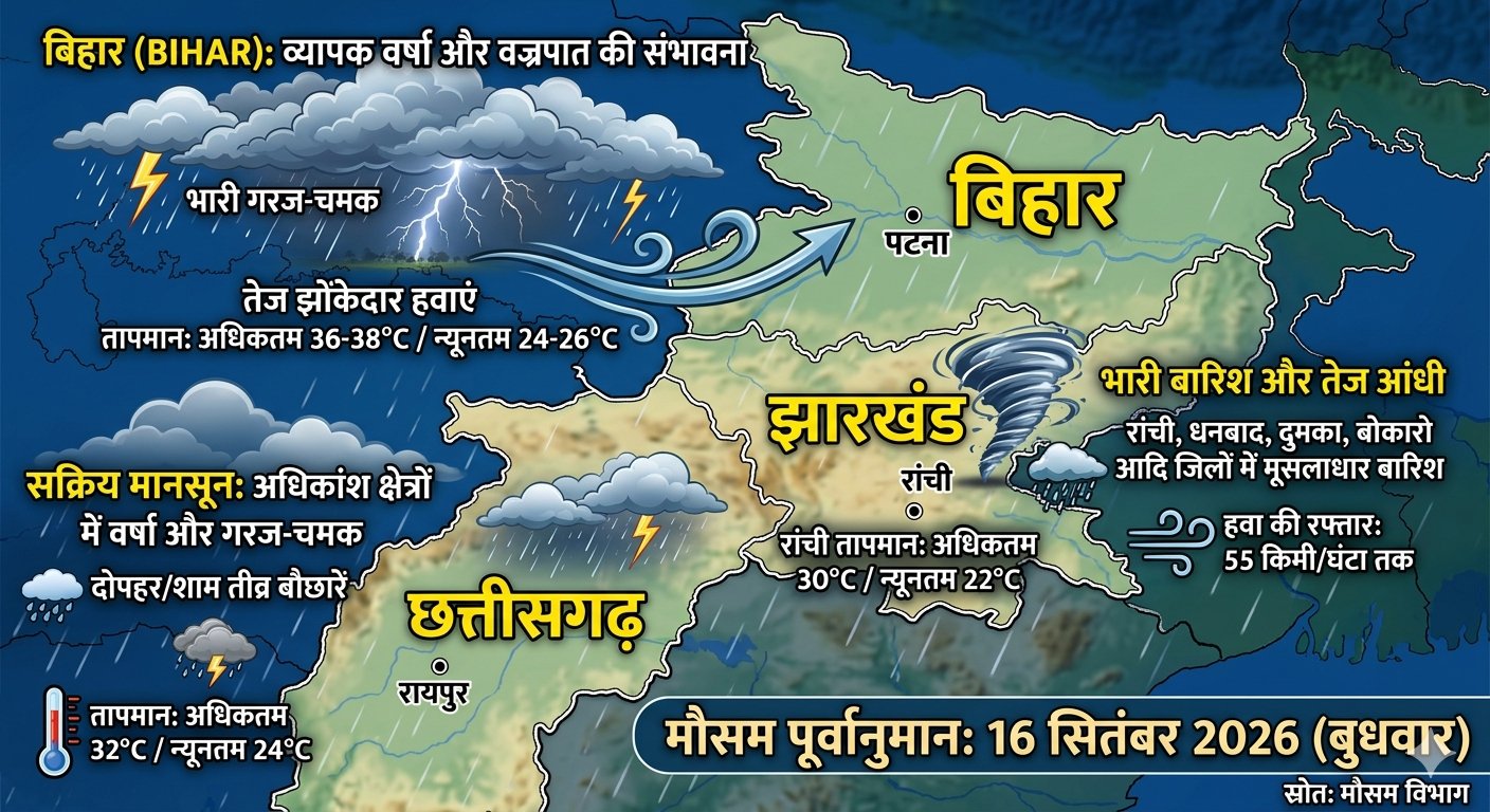 झारखंड बिहार और छत्तीसगढ़ में भारी बारिश आंधी और बिजली गिरने की चेतावनी मौसम विभाग