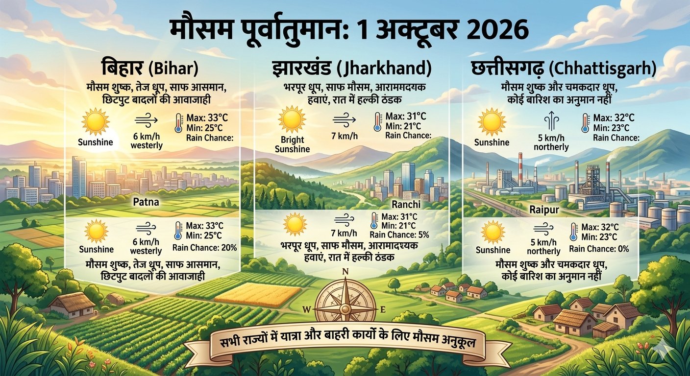 1 अक्टूबर 2026 को झारखंड बिहार और छत्तीसगढ़ में साफ मौसम और खिली धूप का पूर्वानुमान