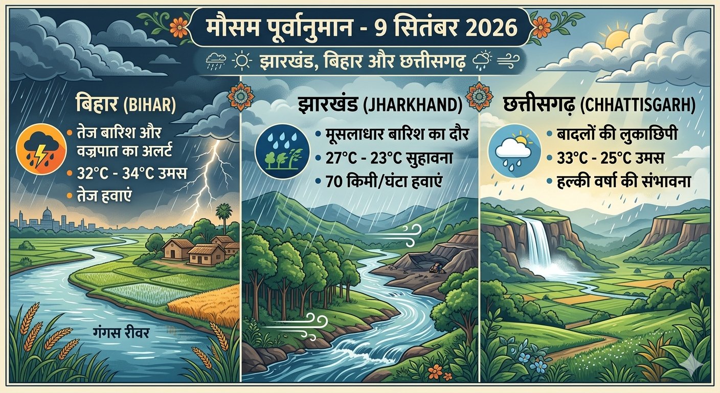 9 सितंबर 2026 मौसम का हाल बिहार झारखंड छत्तीसगढ़ में बारिश का अलर्ट