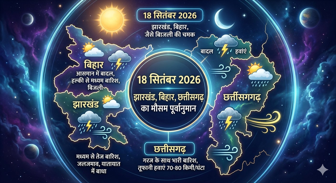 बिहार, झारखंड और छत्तीसगढ़ में 18 सितंबर 2026 को भारी बारिश और वज्रपात का मौसम अलर्ट।