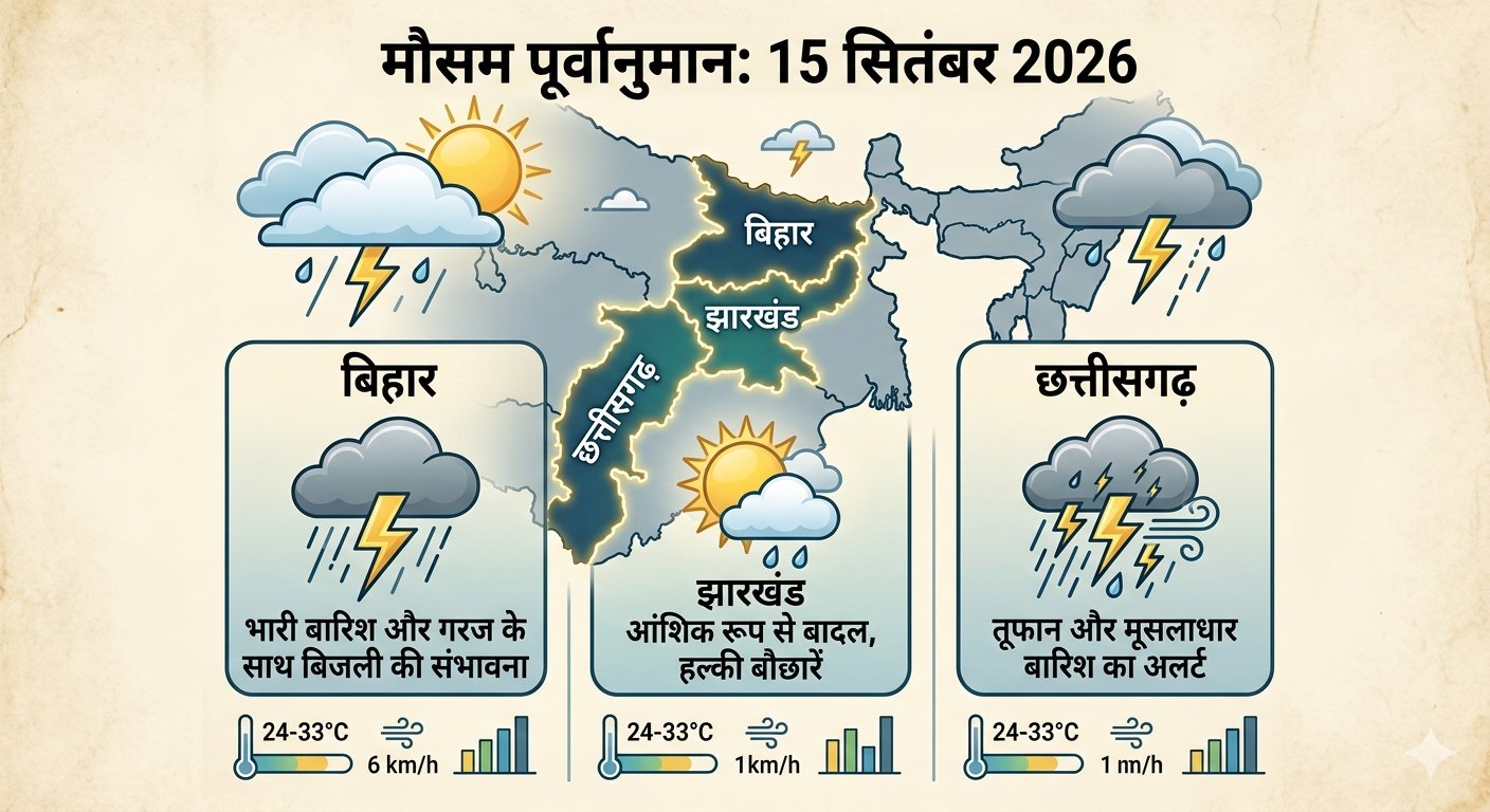 15 सितंबर 2026 को बिहार, झारखंड और छत्तीसगढ़ के लिए मौसम विभाग का बारिश का अलर्ट।