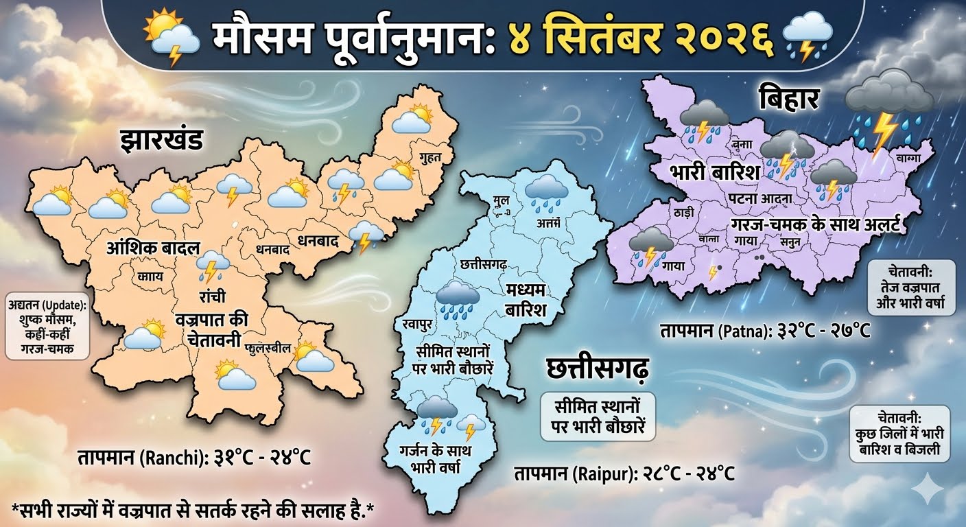 4 सितंबर 2026 को बिहार, झारखंड और छत्तीसगढ़ में मानसूनी बादलों और बारिश का पूर्वानुमान दृश्य।