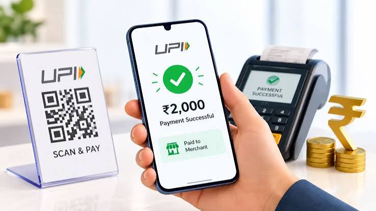 स्मार्टफोन और क्यूआर कोड के माध्यम से यूपीआई डिजिटल भुगतान करते मर्चेंट और ग्राहक