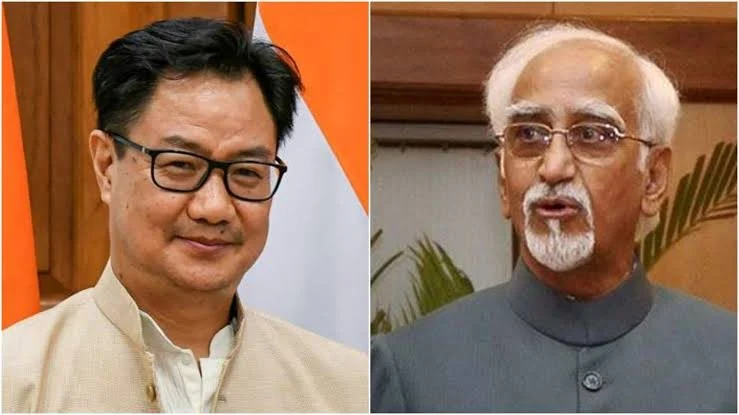 नई दिल्ली में हामिद अंसारी के नेहरू संबंधी बयान पर प्रतिक्रिया देते केंद्रीय मंत्री किरेन रिजिजू।