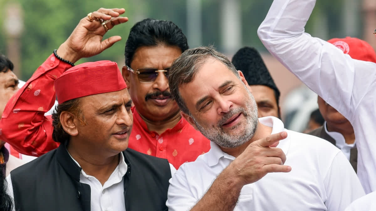 समाजवादी पार्टी प्रमुख अखिलेश यादव और लोकसभा में विपक्ष के नेता राहुल गांधी।