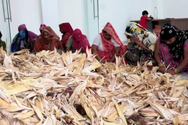 बुलंदशहर की महिलाओं द्वारा एक मेले में मक्का के छिलकों से बनाई गई हस्तनिर्मित घरेलू वस्तुएं प्रदर्शित की गईं।