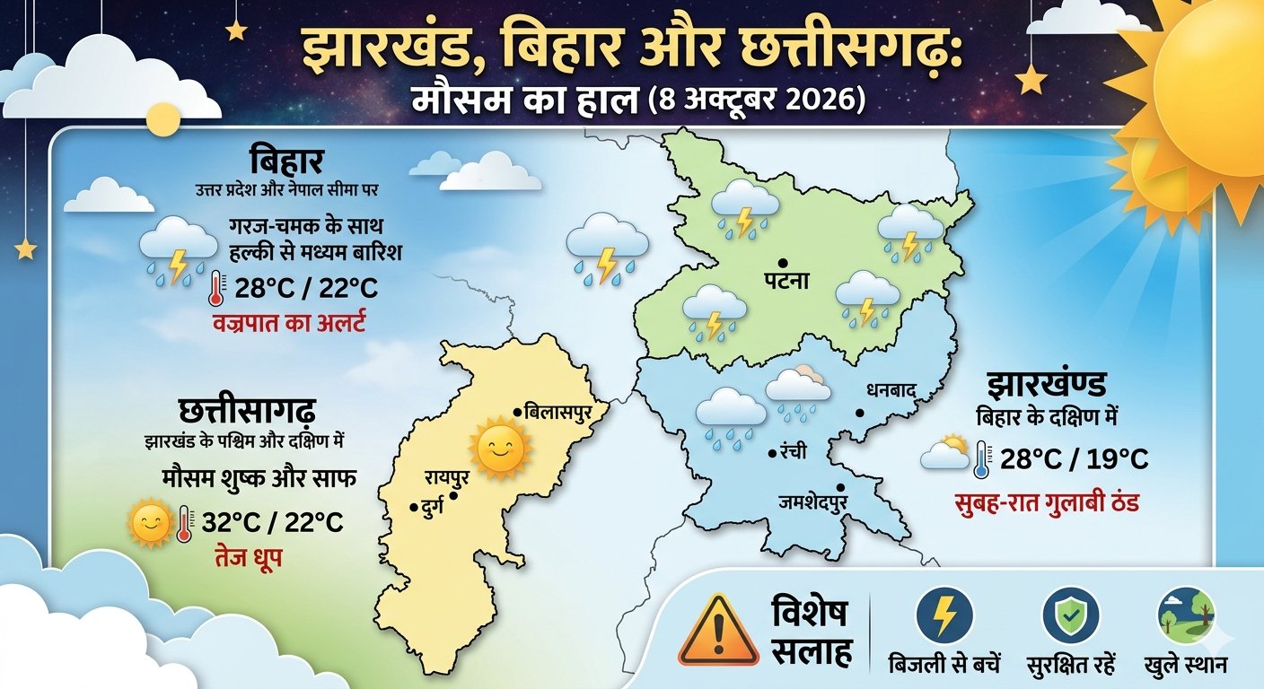 8 अक्टूबर 2026 को बिहार और झारखंड में बारिश और छत्तीसगढ़ में साफ मौसम का सांकेतिक मानचित्र