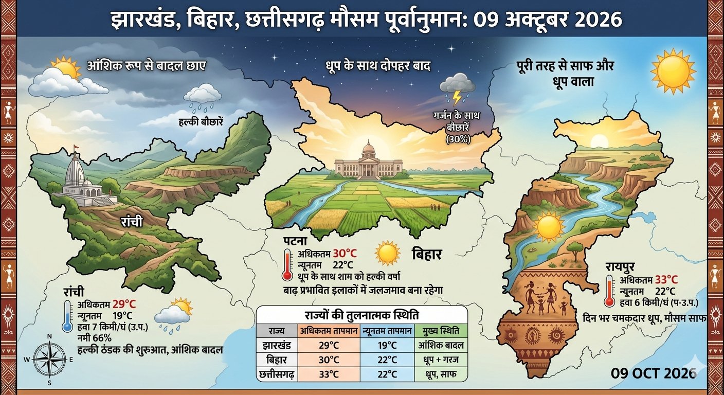9 अक्टूबर 2026 को झारखंड, बिहार और छत्तीसगढ़ में मानसून विदाई से मौसम में बदलाव
