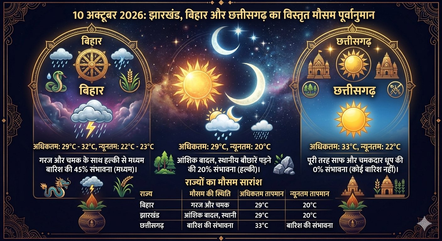 10 अक्टूबर 2026 को बिहार, झारखंड और छत्तीसगढ़ के लिए भारत मौसम विज्ञान विभाग का मौसम पूर्वानुमान।