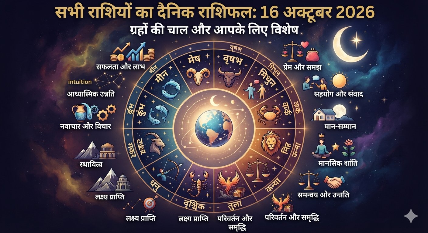 16 अक्टूबर 2026 के सभी 12 राशियों के दैनिक राशिफल को दर्शाता प्रतीकात्मक चित्र।