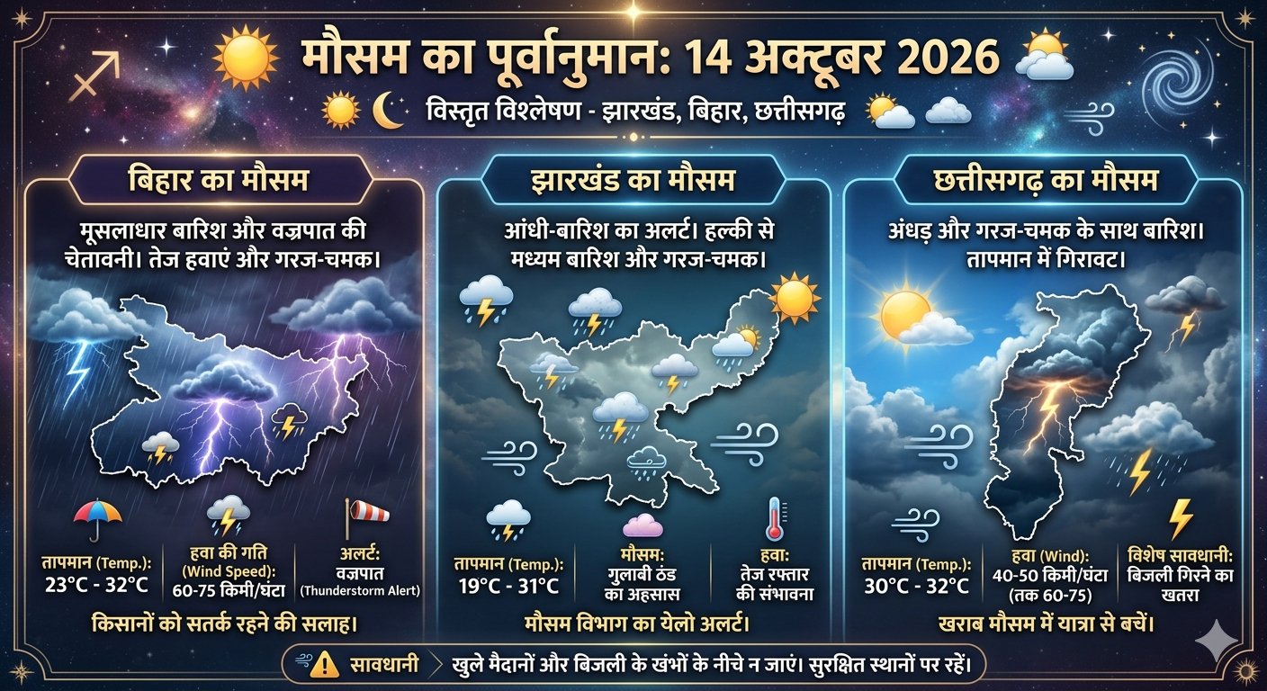 "14 अक्टूबर 2026 के लिए बिहार, झारखंड और छत्तीसगढ़ में मौसम का पूर्वानुमान और बारिश का अलर्ट जारी किया गया है।"