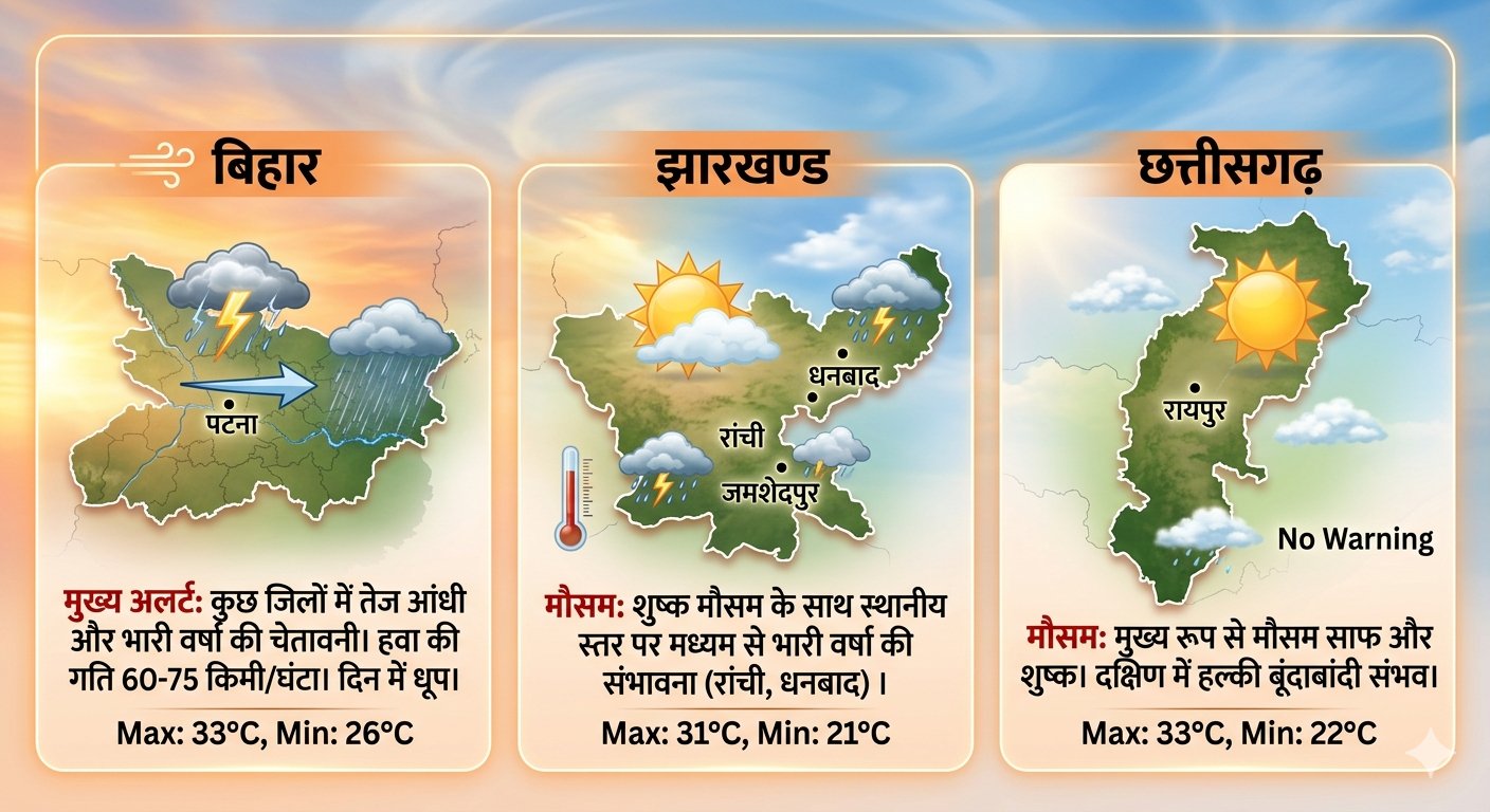 2 अक्टूबर 2026 को झारखंड, बिहार और छत्तीसगढ़ के लिए मौसम विभाग द्वारा जारी वर्षा एवं मानसून पूर्वानुमान।