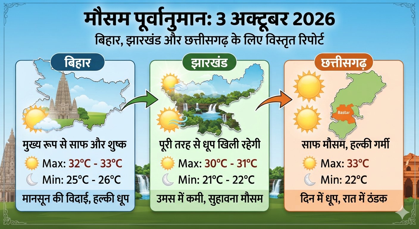 बिहार, झारखंड और छत्तीसगढ़ के नक्शे के साथ साफ नीले आसमान और सूरज का मौसम पूर्वानुमान ग्राफिक्स।